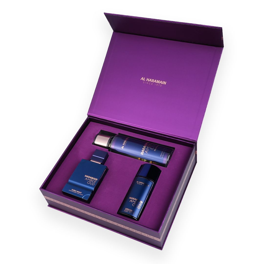 Al Haramain Amber Oud Dubai Night Geschenkset – 75 ml + 30 ml + Body Mist 250 ml