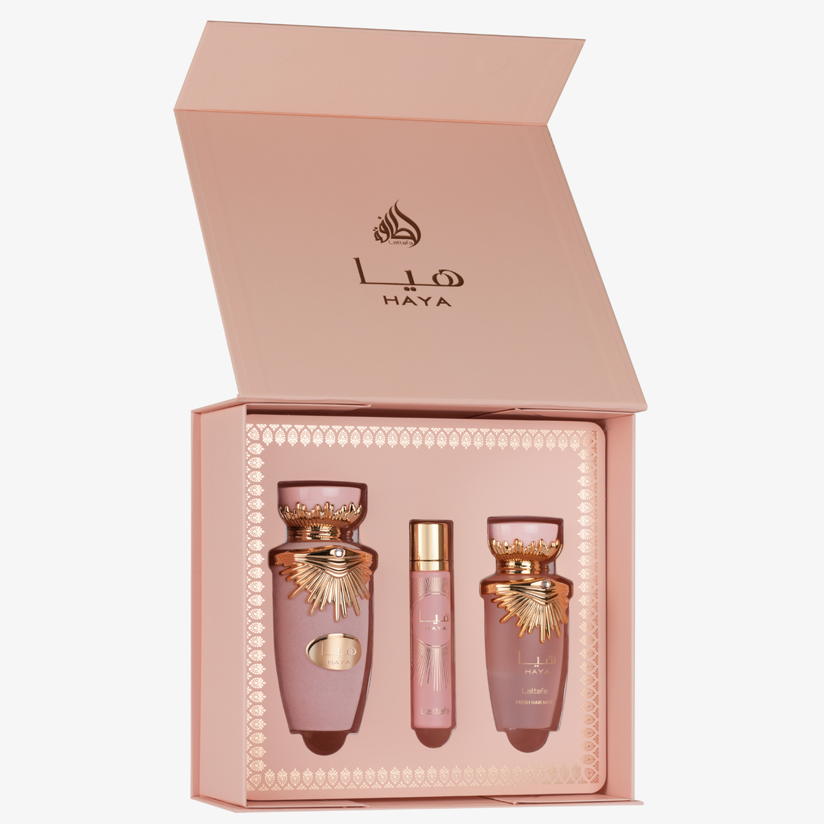 Lattafa Haya Geschenkset für Damen mit Eau de Parfum, Reisespray und Hair Mist