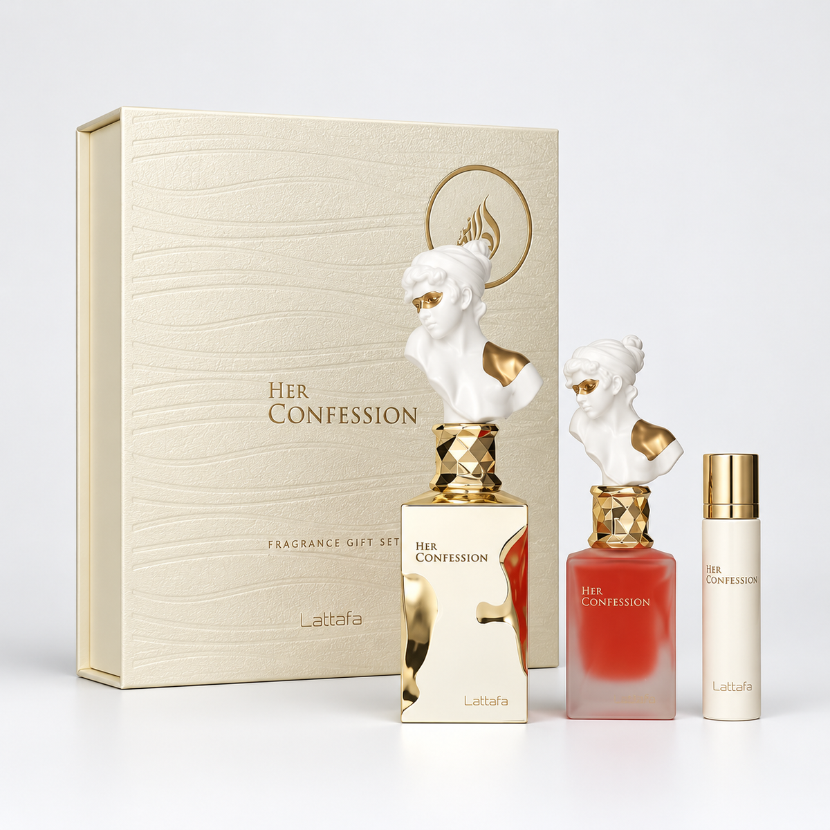 Lattafa Her Confession Geschenkset für Damen mit Geschenkbox, Parfum, Hair Mist und Reisespray