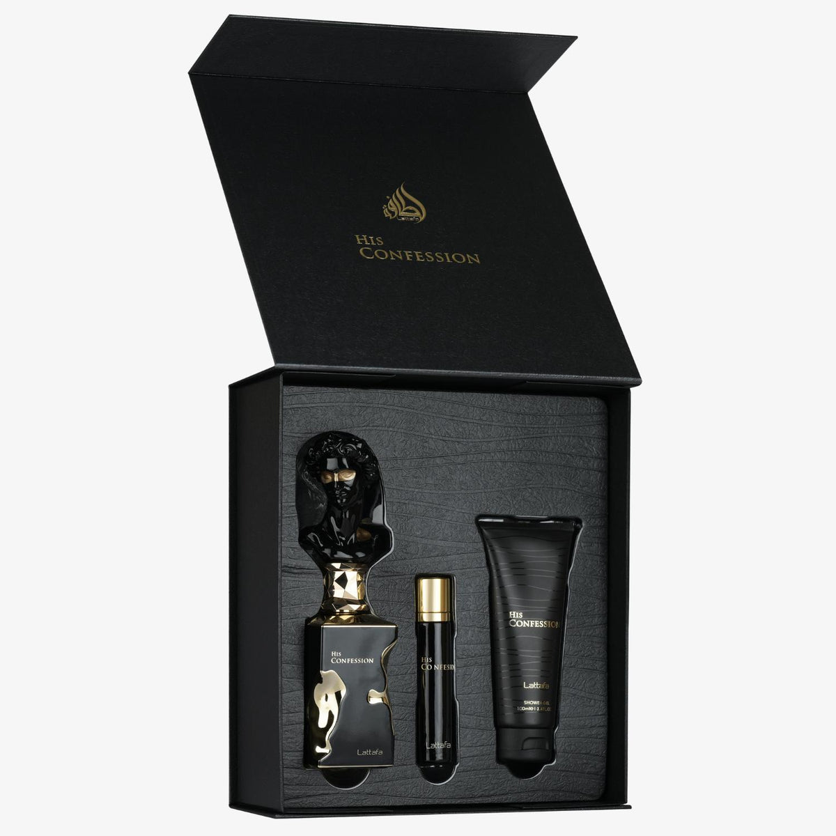 Lattafa His Confession Geschenkset für Herren mit Eau de Parfum, Reisespray und Duschgel