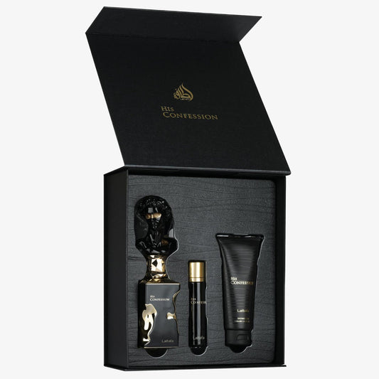 Lattafa His Confession Geschenkset für Herren mit Eau de Parfum, Reisespray und Duschgel