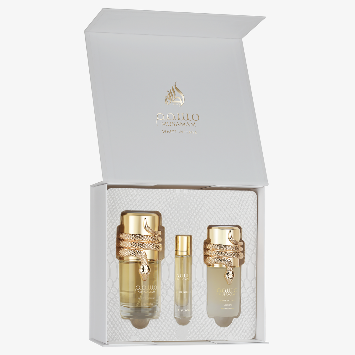 Lattafa Musamam White Intense Unisex-Geschenkset mit Parfum, Reisespray und Hair Mist