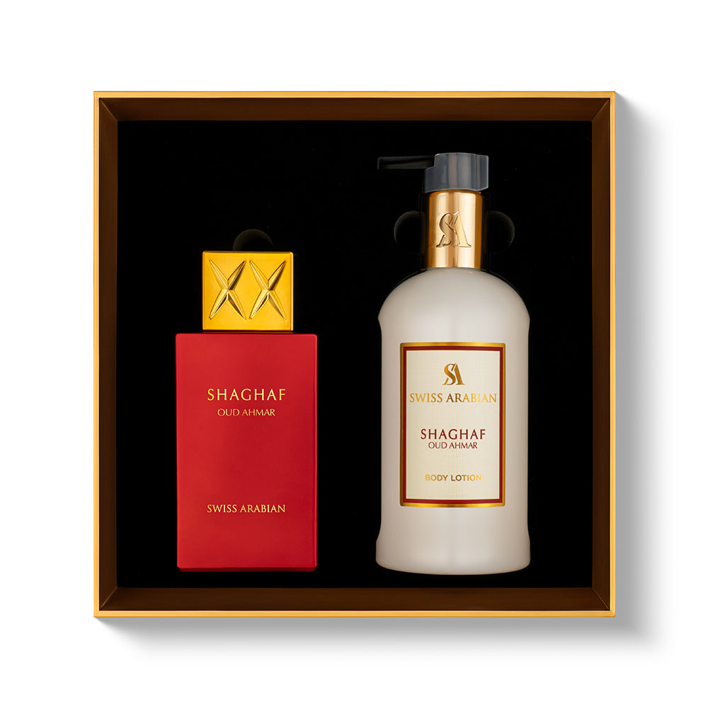 Swiss Arabian Shaghaf Oud Ahmar Geschenkset – Eau de Parfum 75 ml und Body Lotion 300 ml