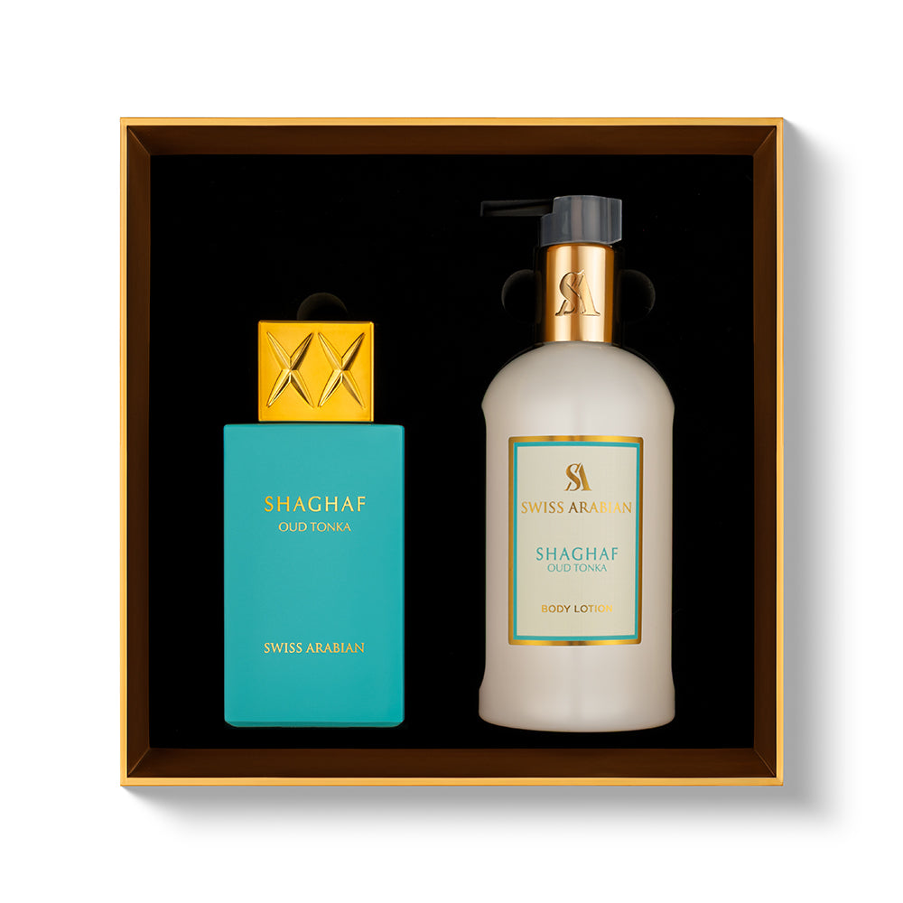 Swiss Arabian Shaghaf Oud Tonka Geschenkset – Eau de Parfum 75 ml und Body Lotion 300 ml