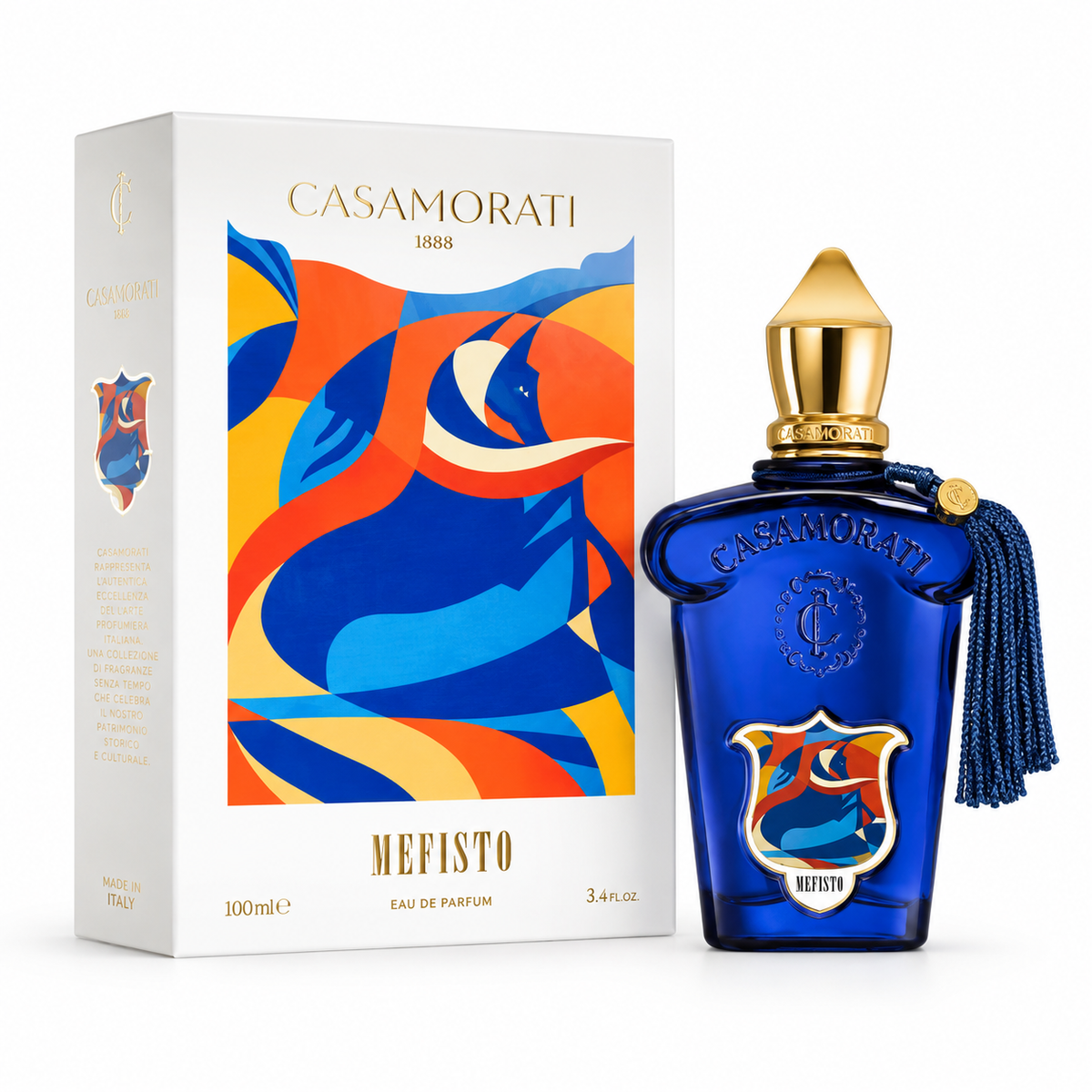 Xerjoff Casamorati Mefisto Eau de Parfum 100 ml mit Verpackung auf weißem Hintergrund
